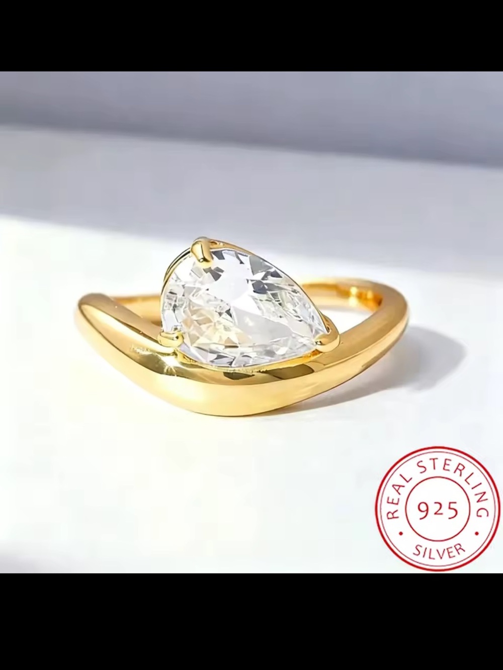 Sterling Silver Gold Pear-Cut CZ V-Notch Ring
